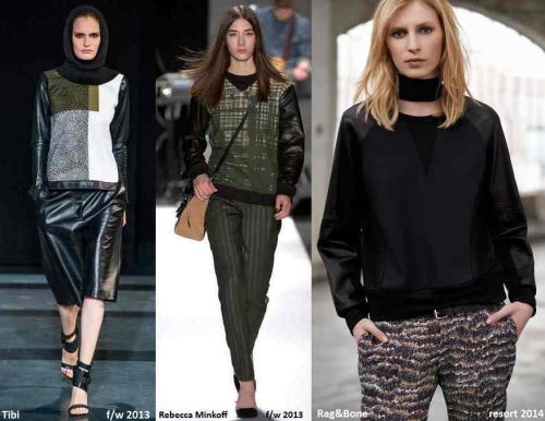 Leather sleeves and panels on sweatshirts, winter-holiday 2013-2014 trend