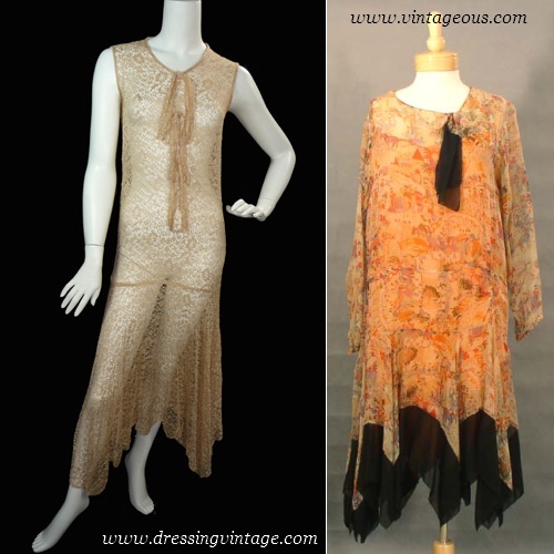 Vintage 1920s formal dress and day dress with handkerchief hem